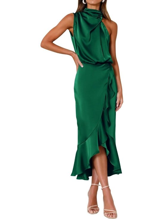 Women Deep Green Summer Satin Mock Neck Sleeveless Wrap Ruffle Formal Midi Dress